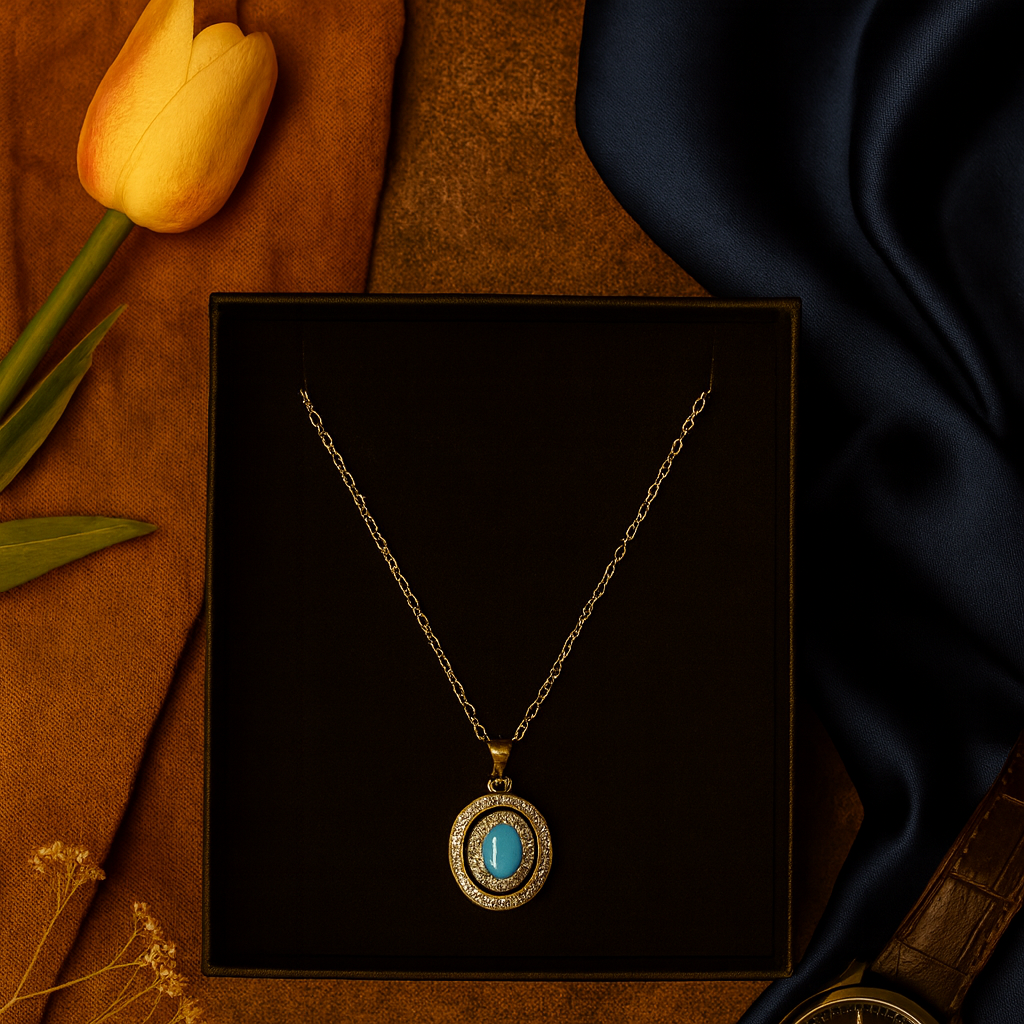 Azure Glow Oval Pendant – Blue Stone & Crystal Artificial Jewellery