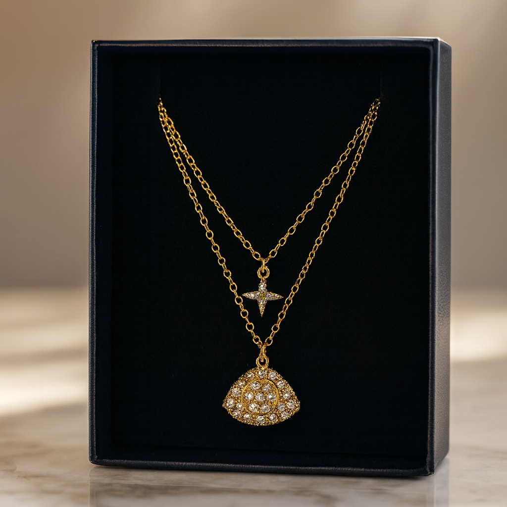 Celestial Triangle Double-Layer Pendant – Gold & Crystal Necklace
