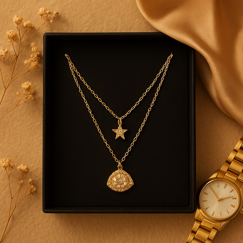 Celestial Triangle Double-Layer Pendant – Gold & Crystal Necklace