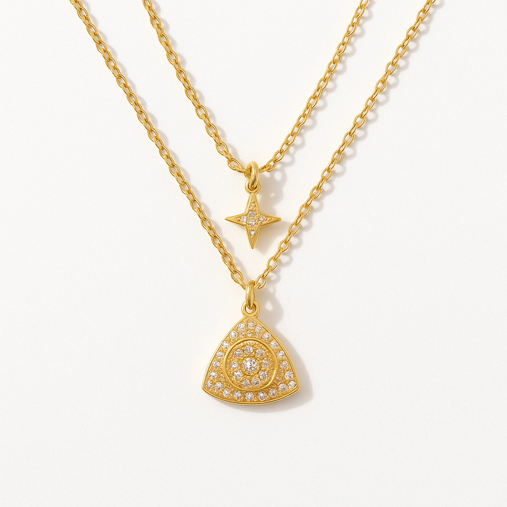 Celestial Triangle Double-Layer Pendant – Gold & Crystal Necklace