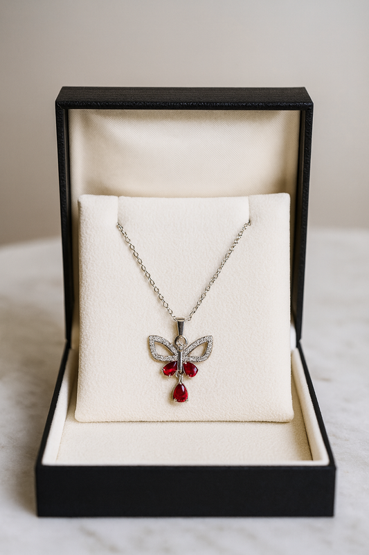 Crimson Butterfly Elegance Pendant – Artificial Jewellery with Ruby Red Stones