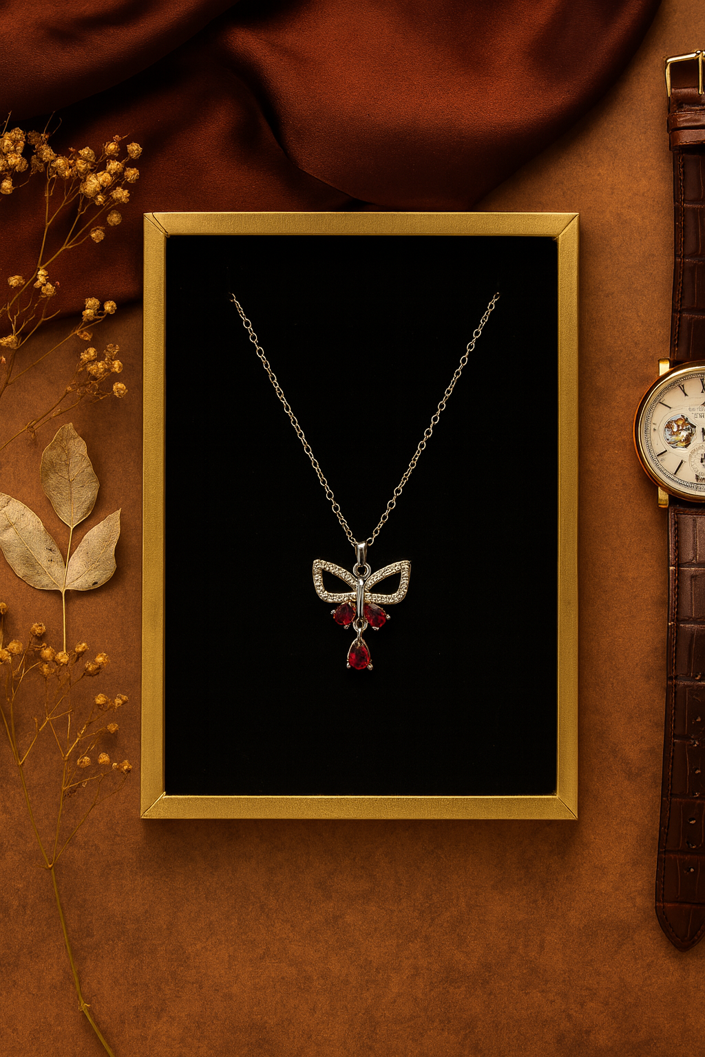 Crimson Butterfly Elegance Pendant – Artificial Jewellery with Ruby Red Stones