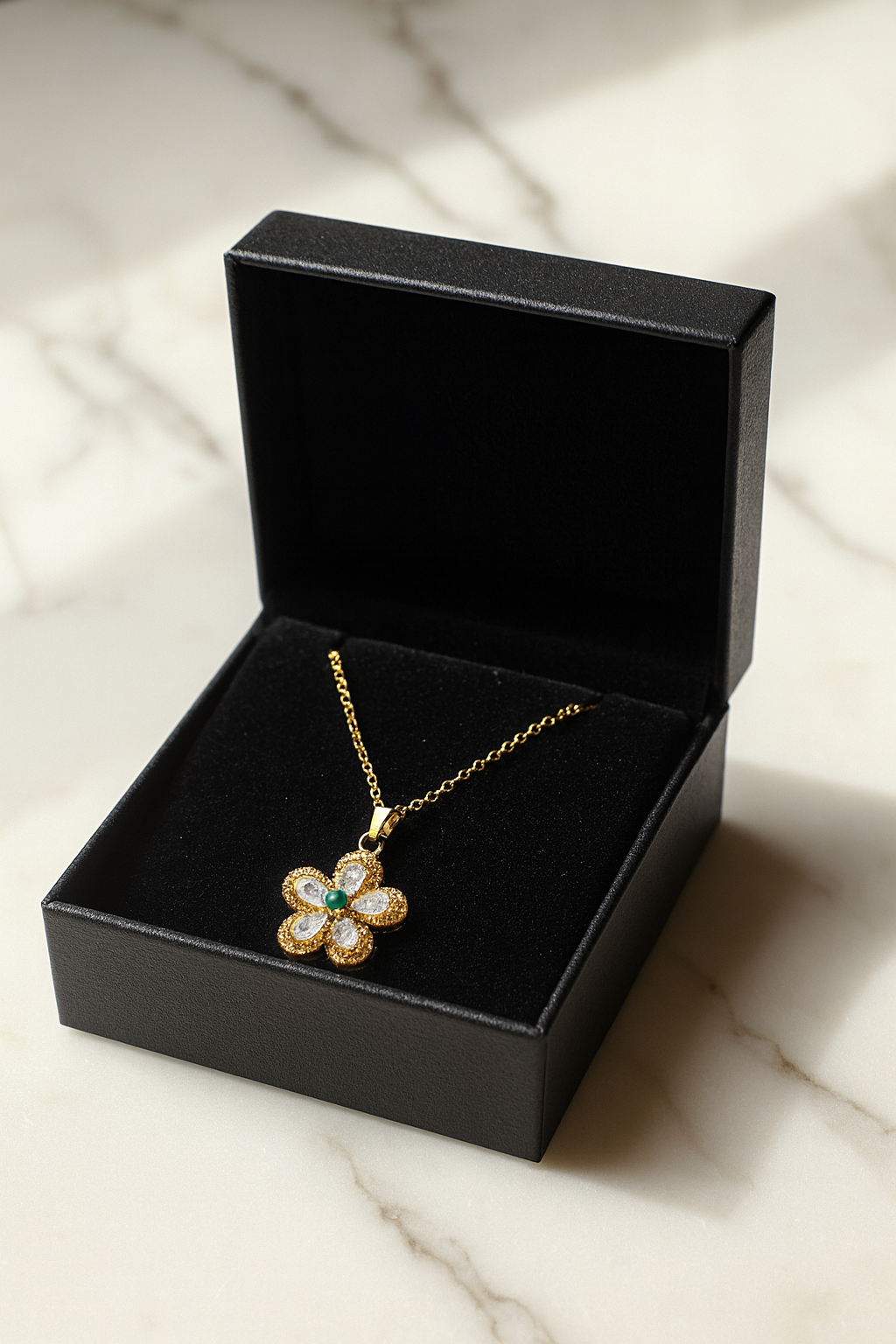 Golden Blossom Flower Pendant – Crystal & Green Stone Jewellery