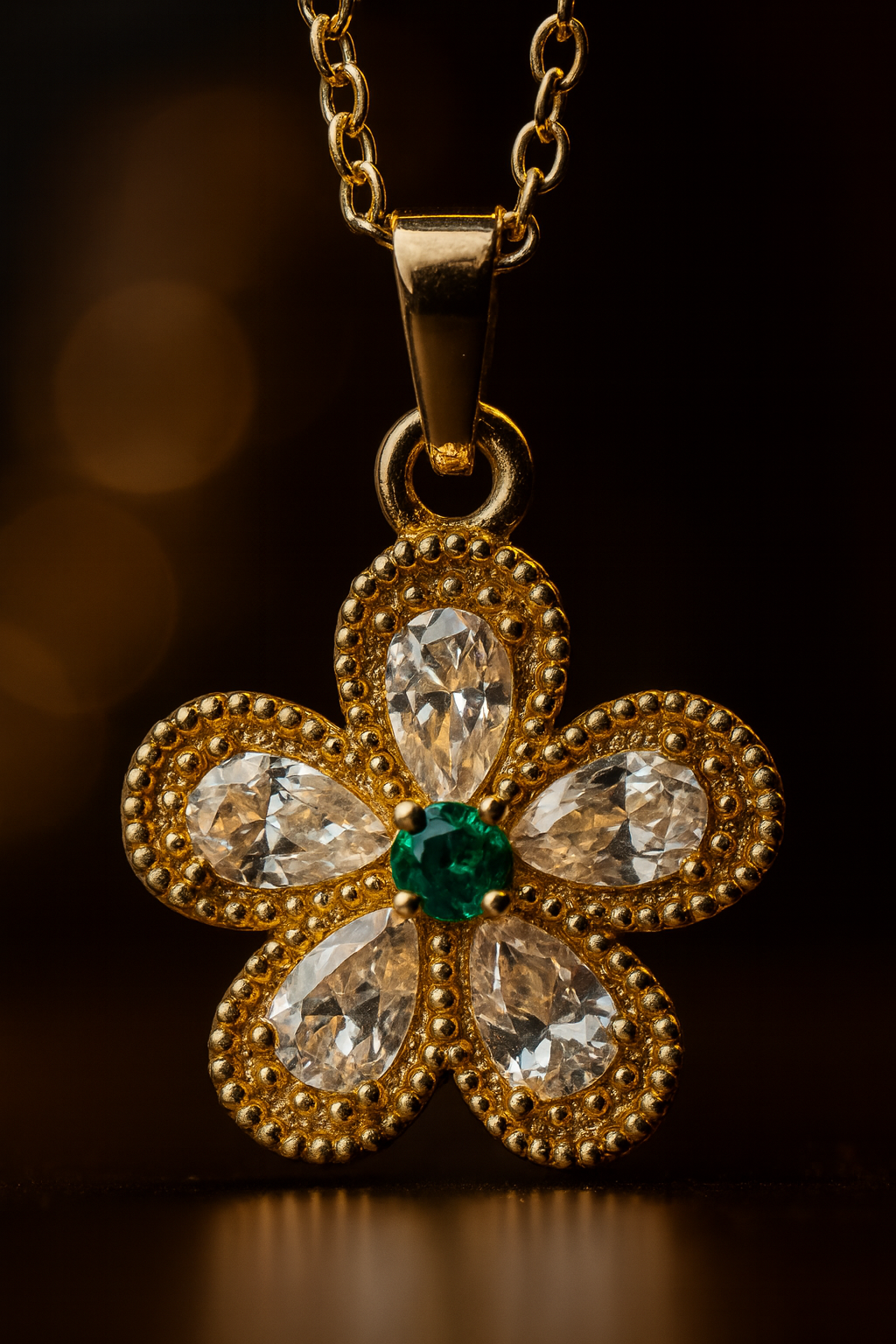 Golden Blossom Flower Pendant – Crystal & Green Stone Jewellery