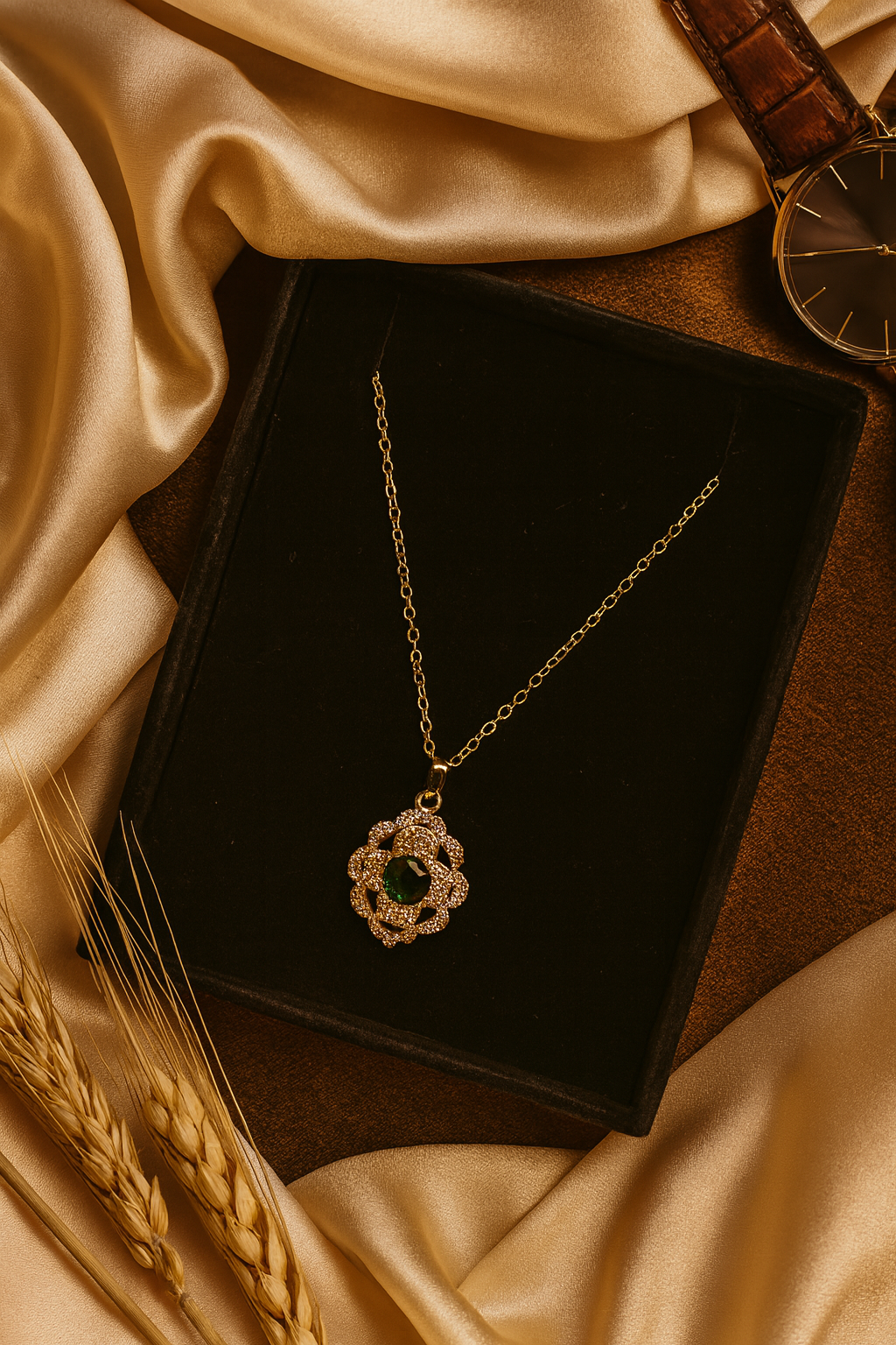 Emerald Bloom Pendant – Green Stone & Crystal Artificial Jewellery