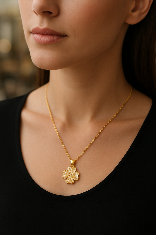Golden Clover Sparkle Pendant – Crystal Floral Artificial Jewellery