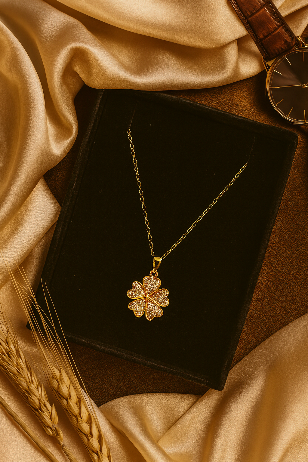 Golden Clover Sparkle Pendant – Crystal Floral Artificial Jewellery