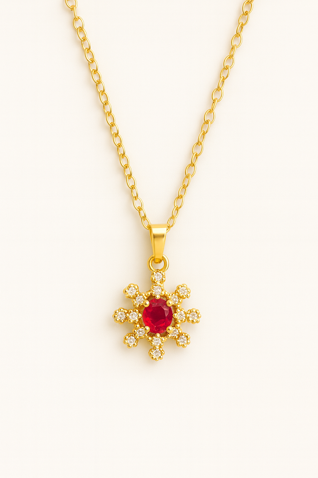 Ruby Sunburst Pendant – Red Stone & Crystal Artificial Jewellery