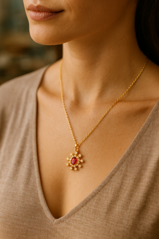 Ruby Sunburst Pendant – Red Stone & Crystal Artificial Jewellery