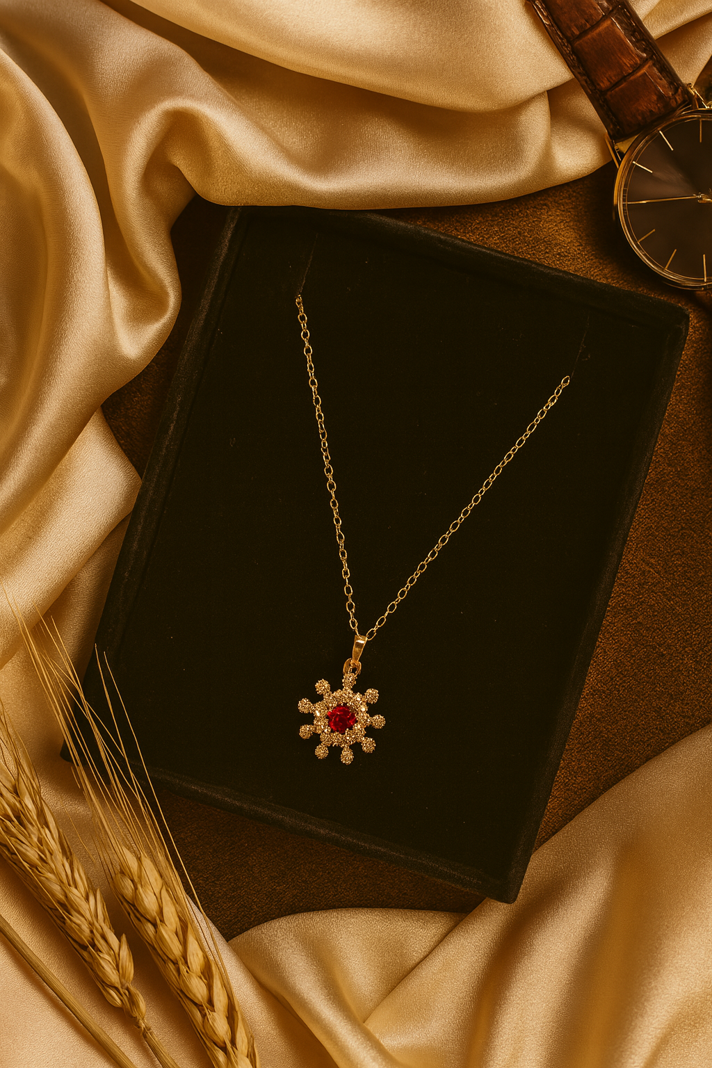 Ruby Sunburst Pendant – Red Stone & Crystal Artificial Jewellery