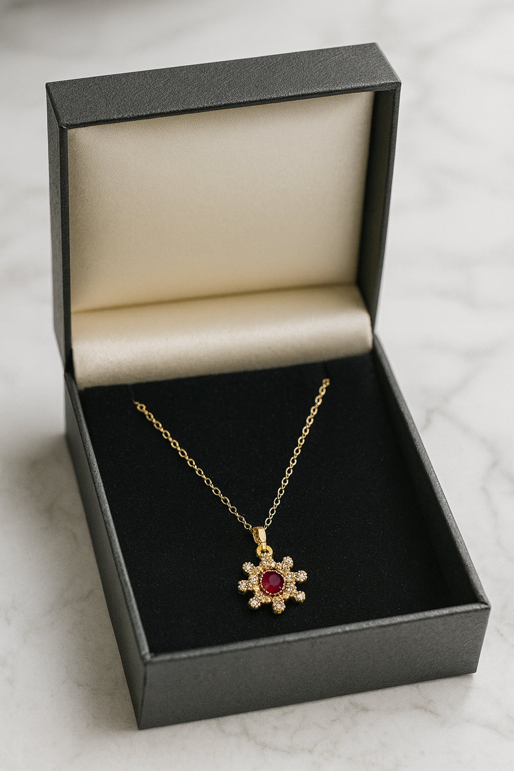 Ruby Sunburst Pendant – Red Stone & Crystal Artificial Jewellery