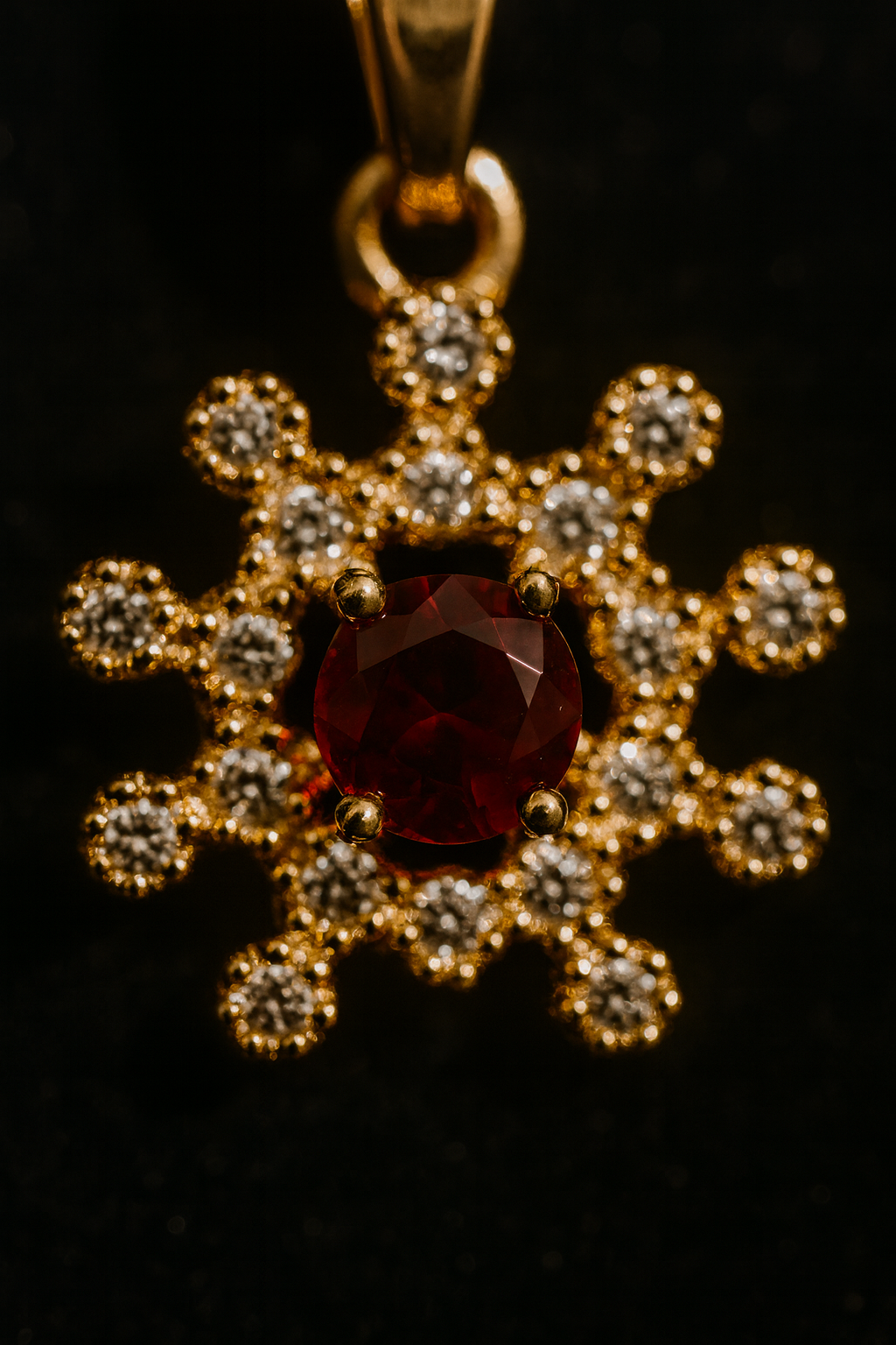 Ruby Sunburst Pendant – Red Stone & Crystal Artificial Jewellery