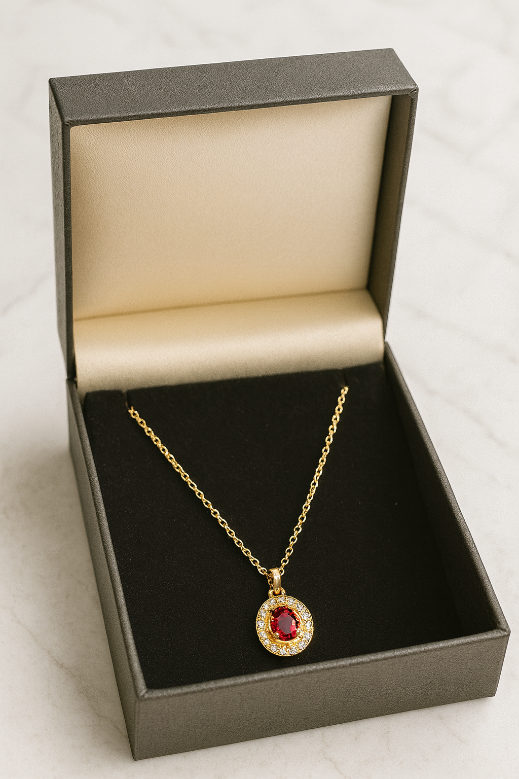 Royal Ruby Halo Pendant – Red Stone & Crystal Jewellery