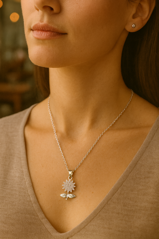 Silver Sunflower Pendant Necklace & Earrings Gift Set – Elegant Jewellery