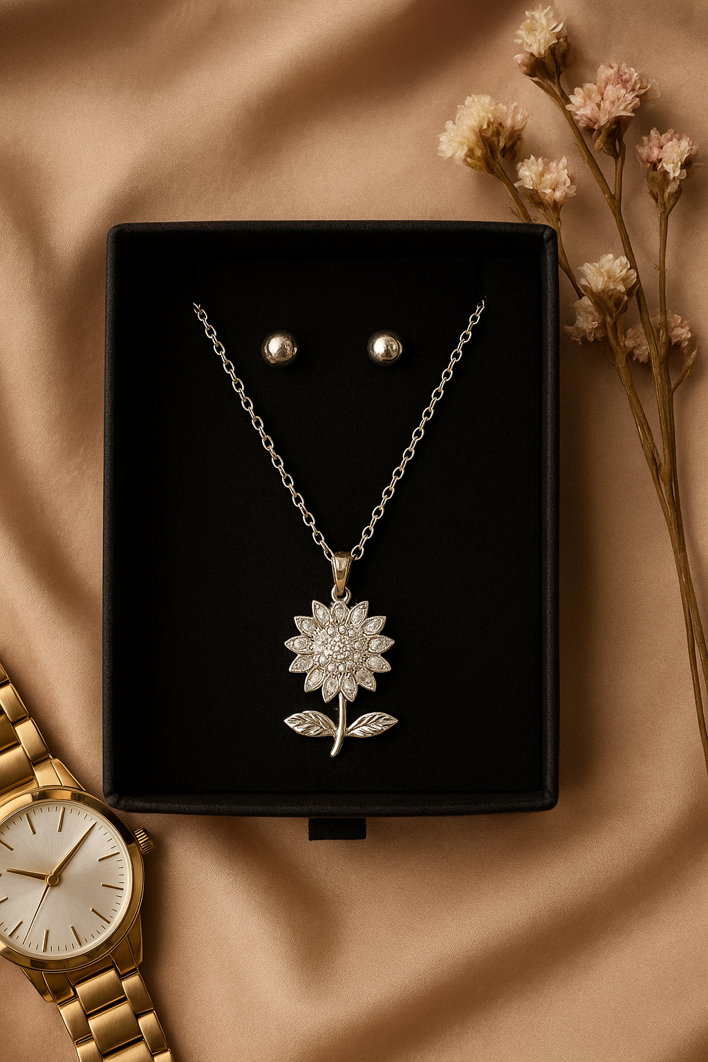 Silver Sunflower Pendant Necklace & Earrings Gift Set – Elegant Jewellery