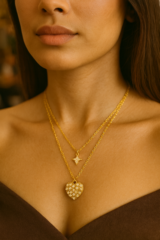 Starlit Heart Double-Layer Pendant – Gold & Crystal Necklace