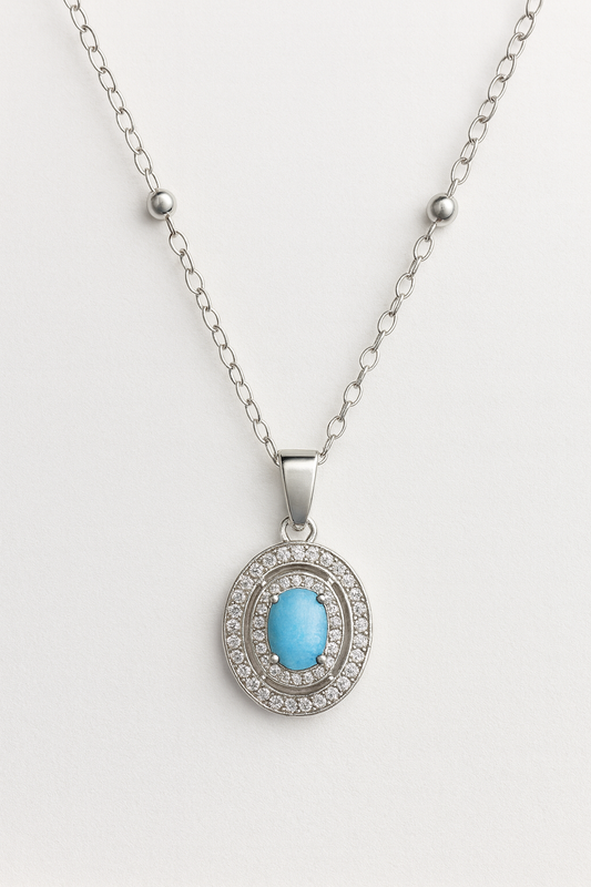 Azure Glow Oval Pendant – Blue Stone & Crystal Artificial Jewellery