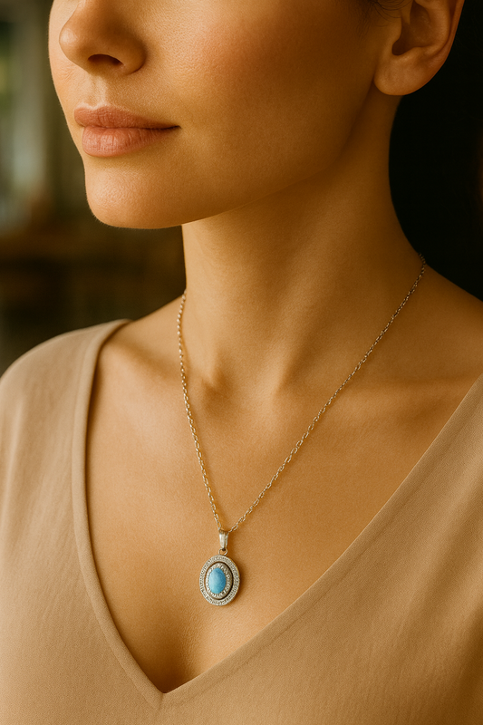 Azure Glow Oval Pendant – Blue Stone & Crystal Artificial Jewellery