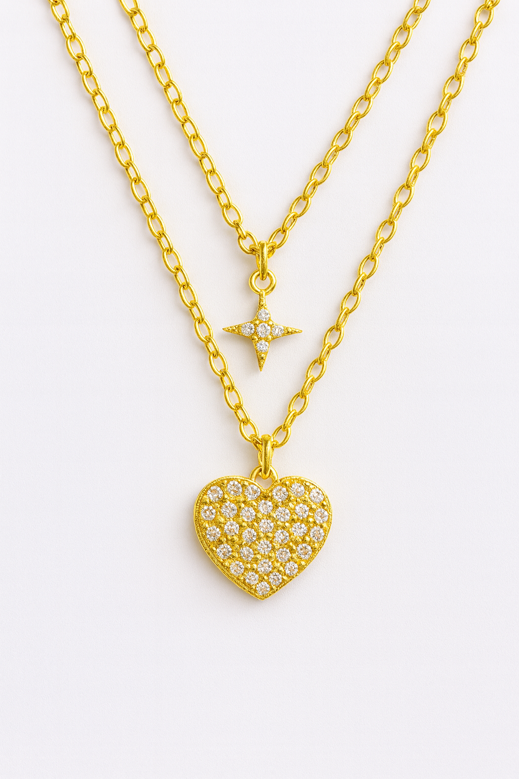 Starlit Heart Double-Layer Pendant – Gold & Crystal Necklace