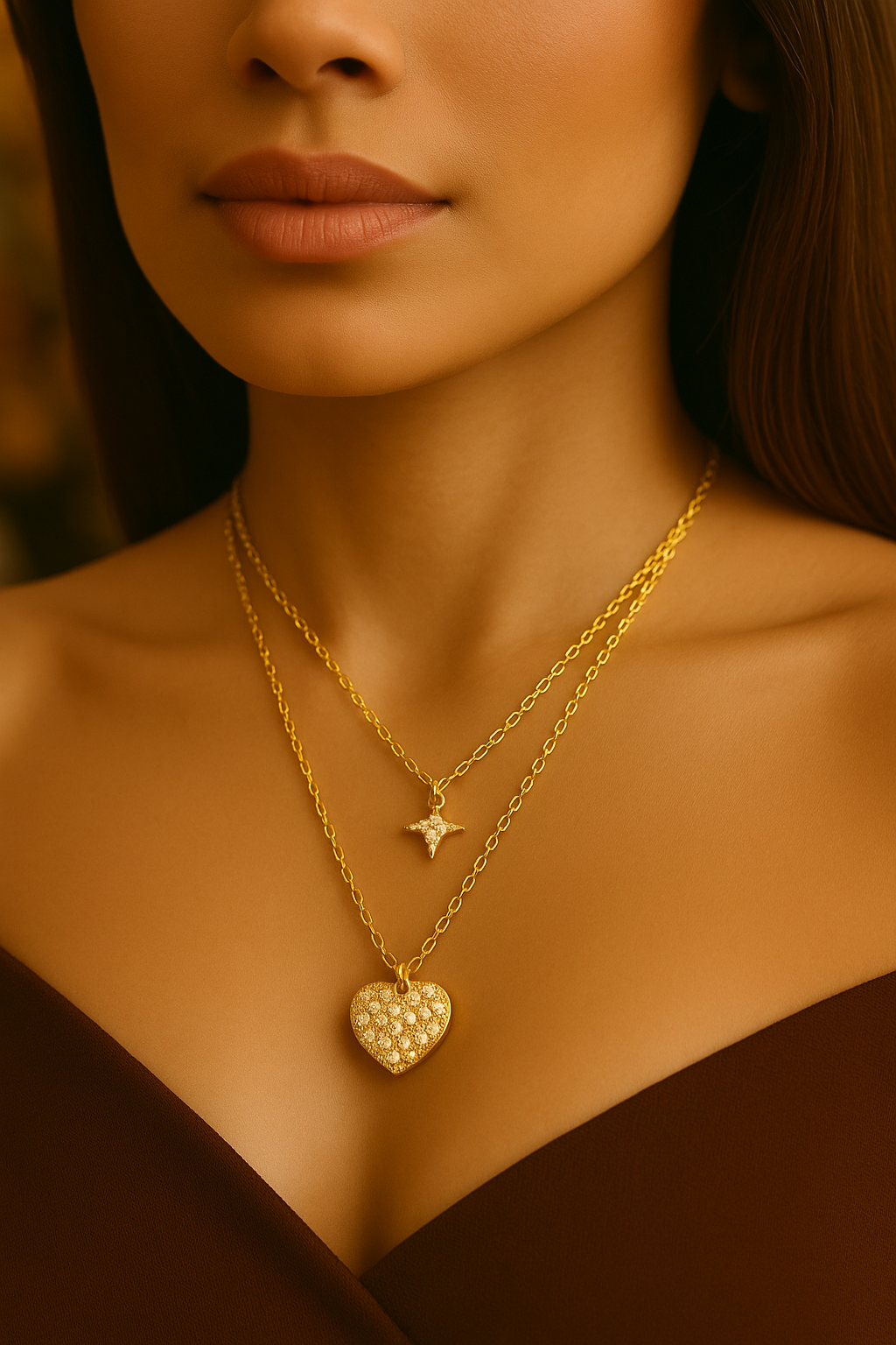 Starlit Heart Double-Layer Pendant – Gold & Crystal Necklace