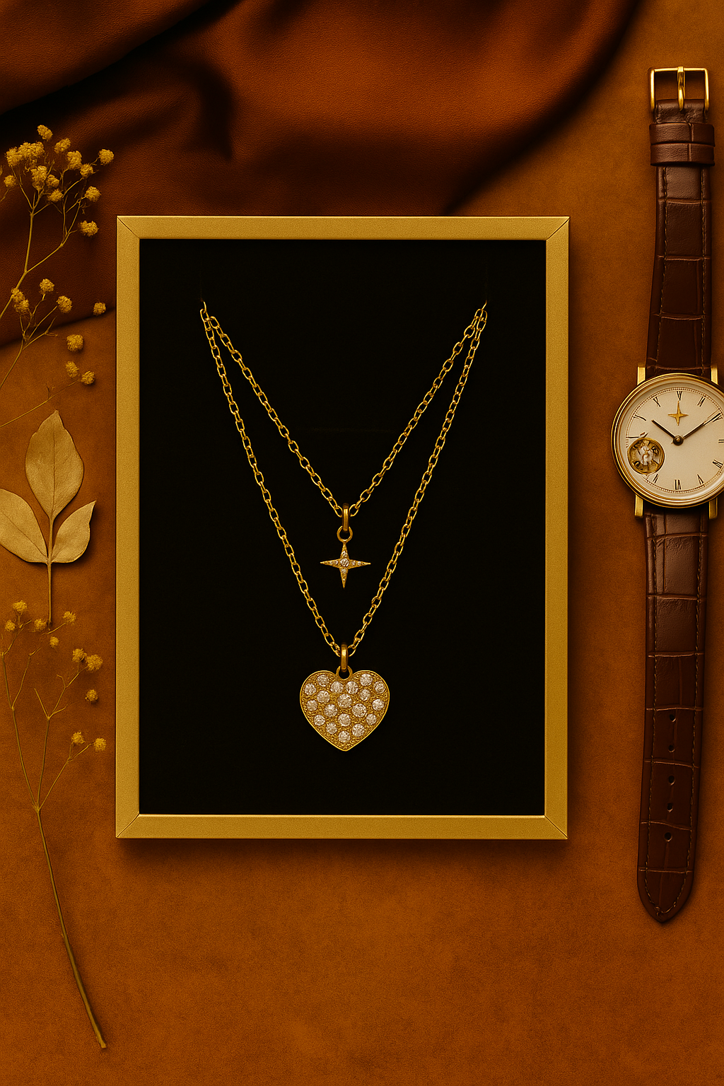 Starlit Heart Double-Layer Pendant – Gold & Crystal Necklace