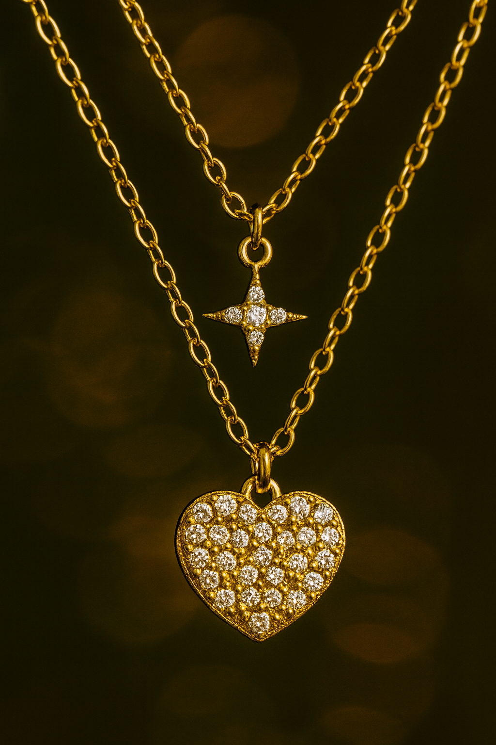 Starlit Heart Double-Layer Pendant – Gold & Crystal Necklace