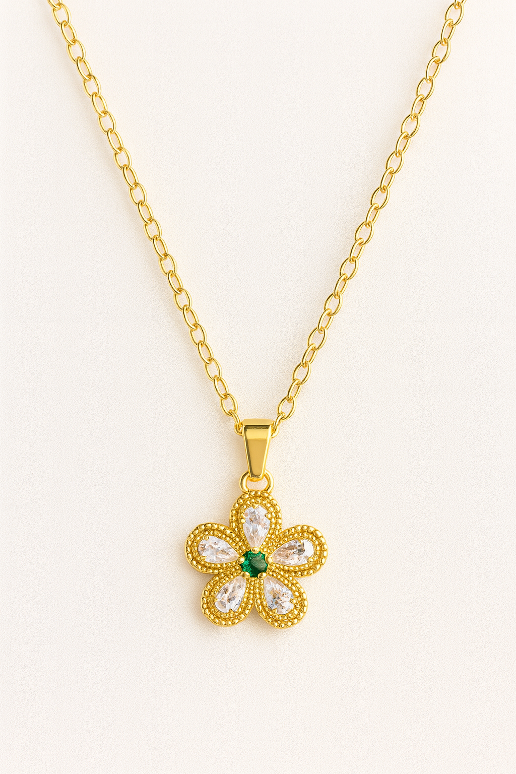Golden Blossom Flower Pendant – Crystal & Green Stone Jewellery