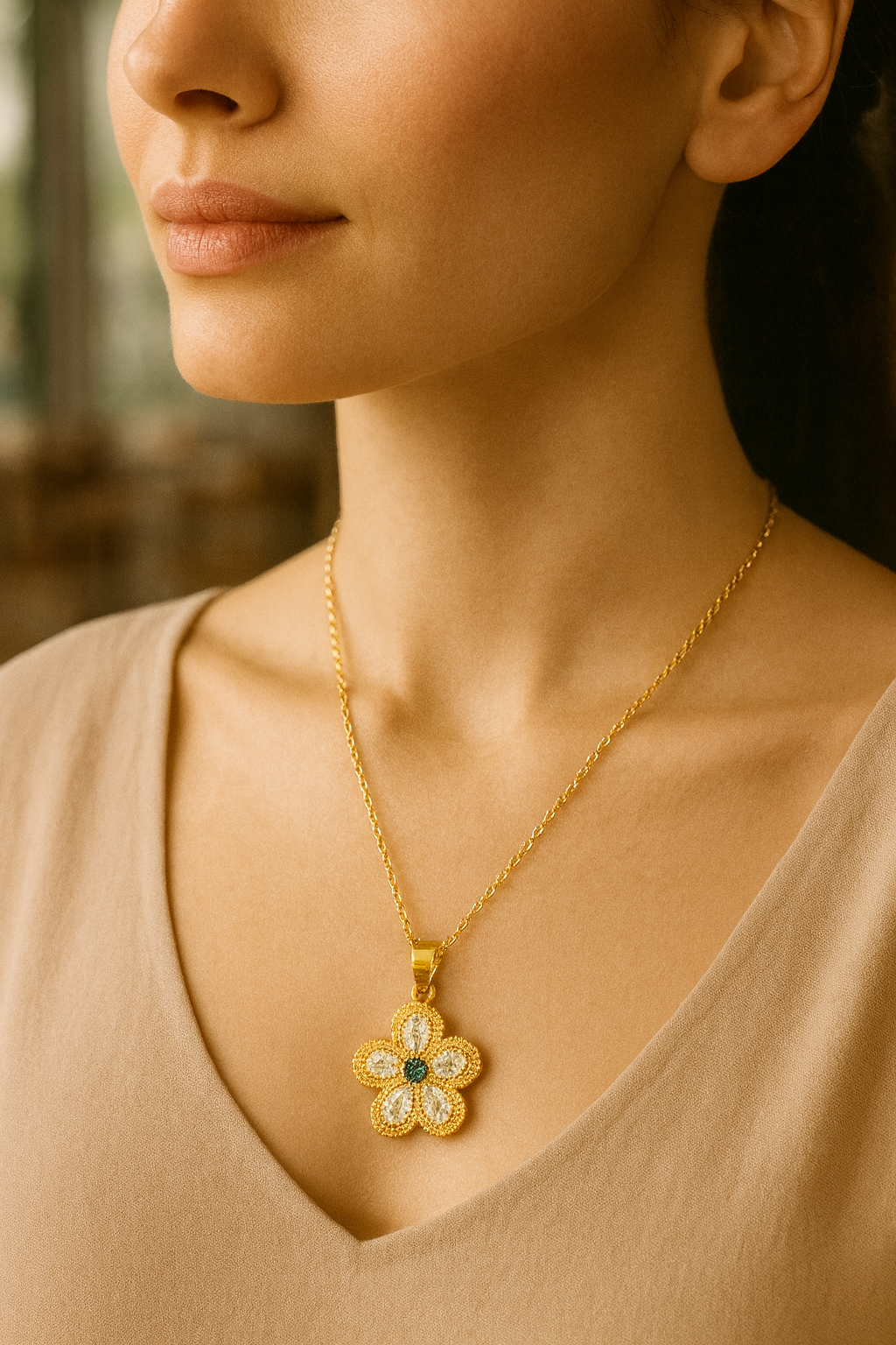 Golden Blossom Flower Pendant – Crystal & Green Stone Jewellery