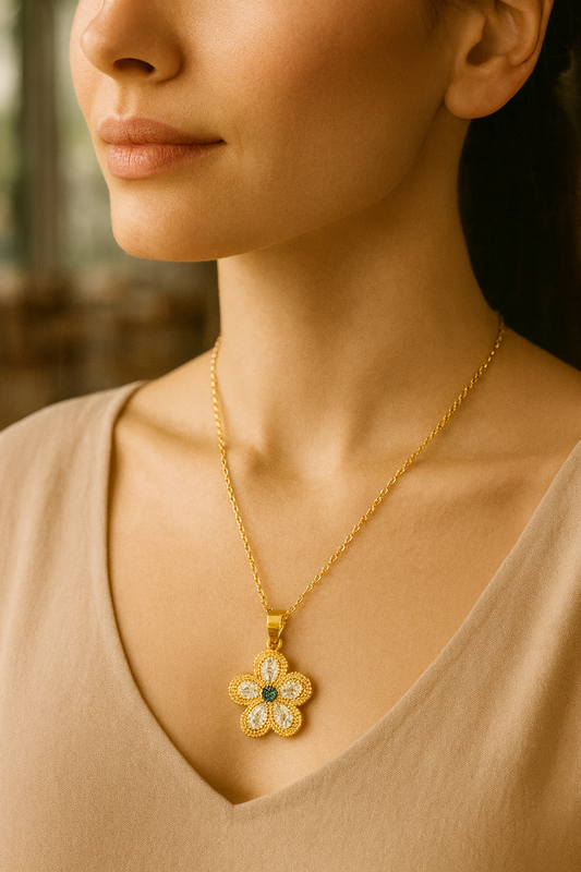 Golden Blossom Flower Pendant – Crystal & Green Stone Jewellery