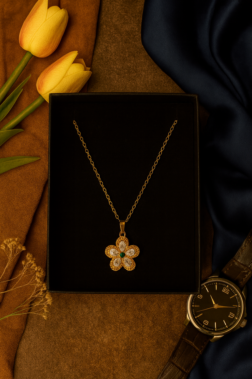 Golden Blossom Flower Pendant – Crystal & Green Stone Jewellery