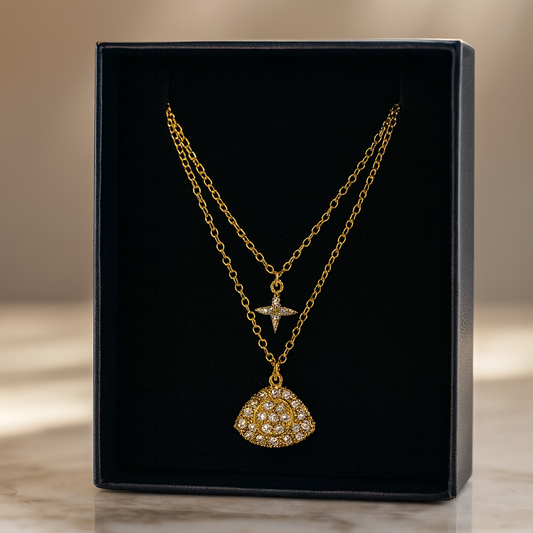 Celestial Triangle Double-Layer Pendant – Gold & Crystal Necklace
