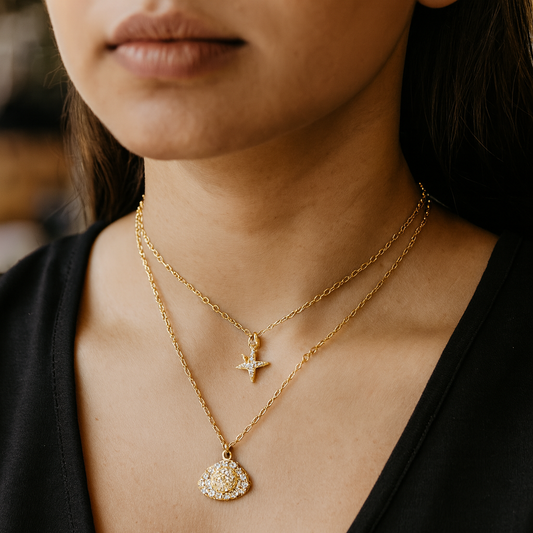 Celestial Triangle Double-Layer Pendant – Gold & Crystal Necklace