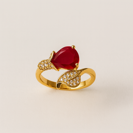 Crimson Blossom Ring – Elegant Artificial Jewelry with Red Gemstone