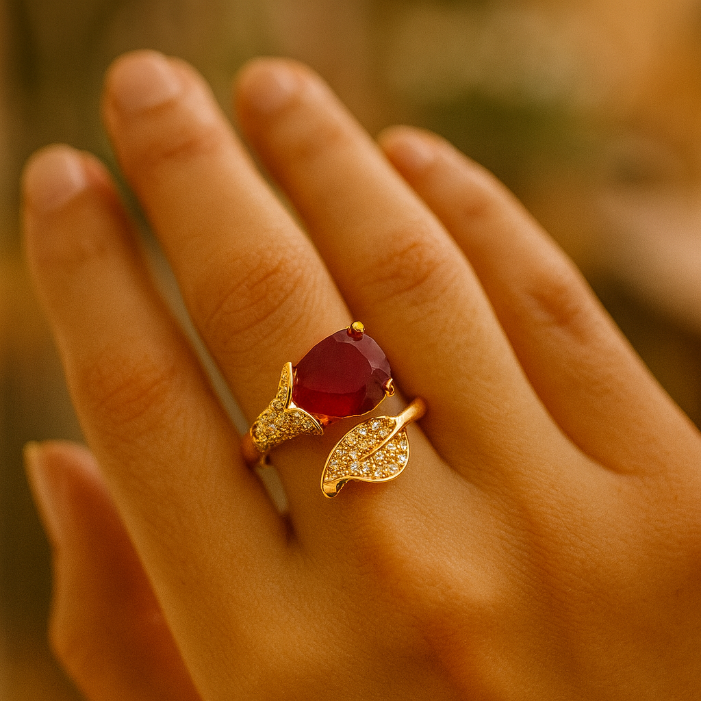 Crimson Blossom Ring – Elegant Artificial Jewelry with Red Gemstone