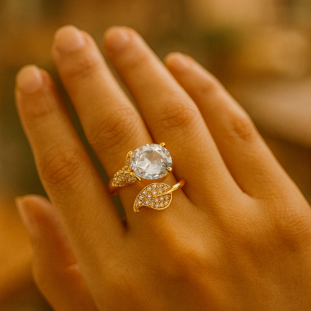 Crystal Leaf Ring – Elegant Artificial Jewelry with White Gemstone
