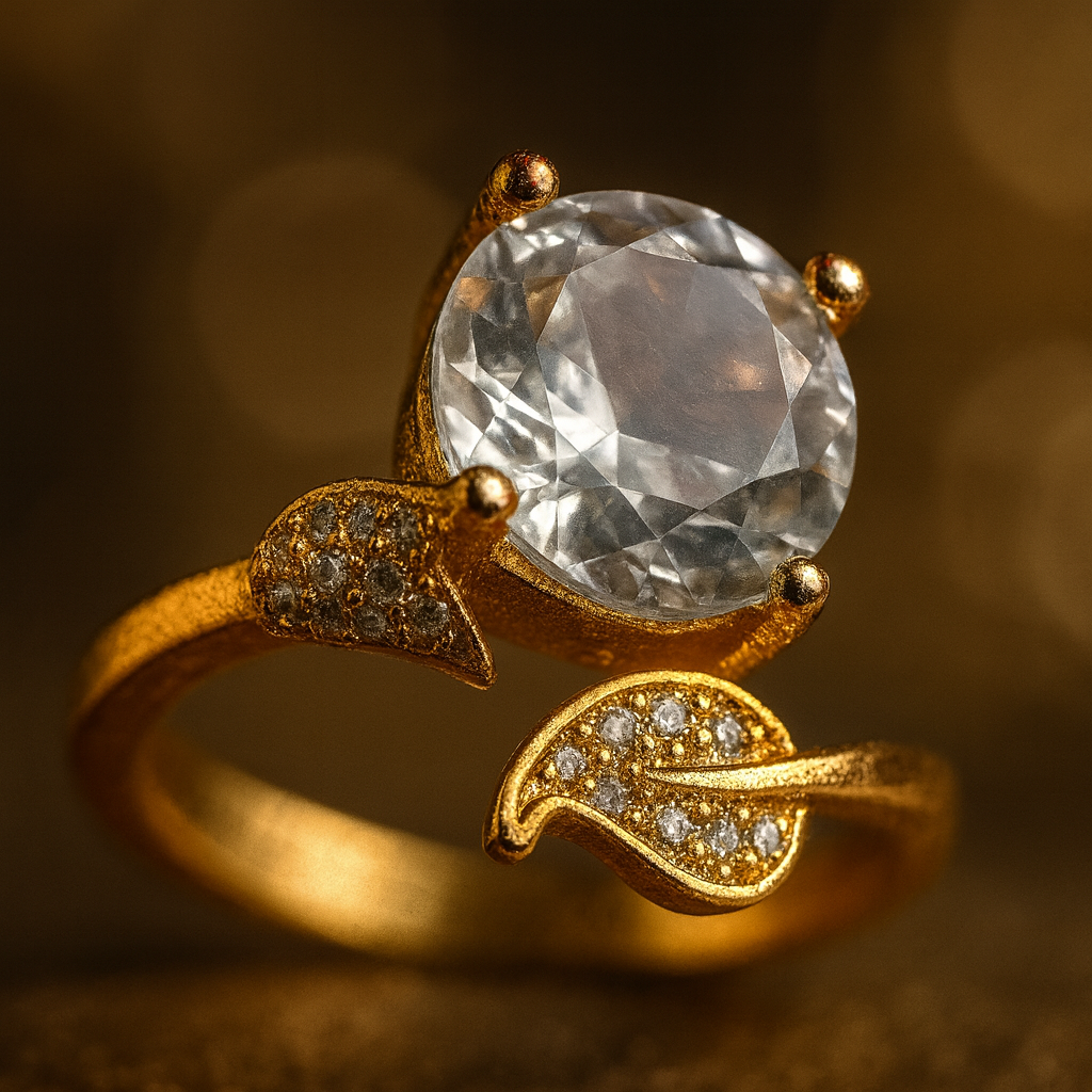 Crystal Leaf Ring – Elegant Artificial Jewelry with White Gemstone