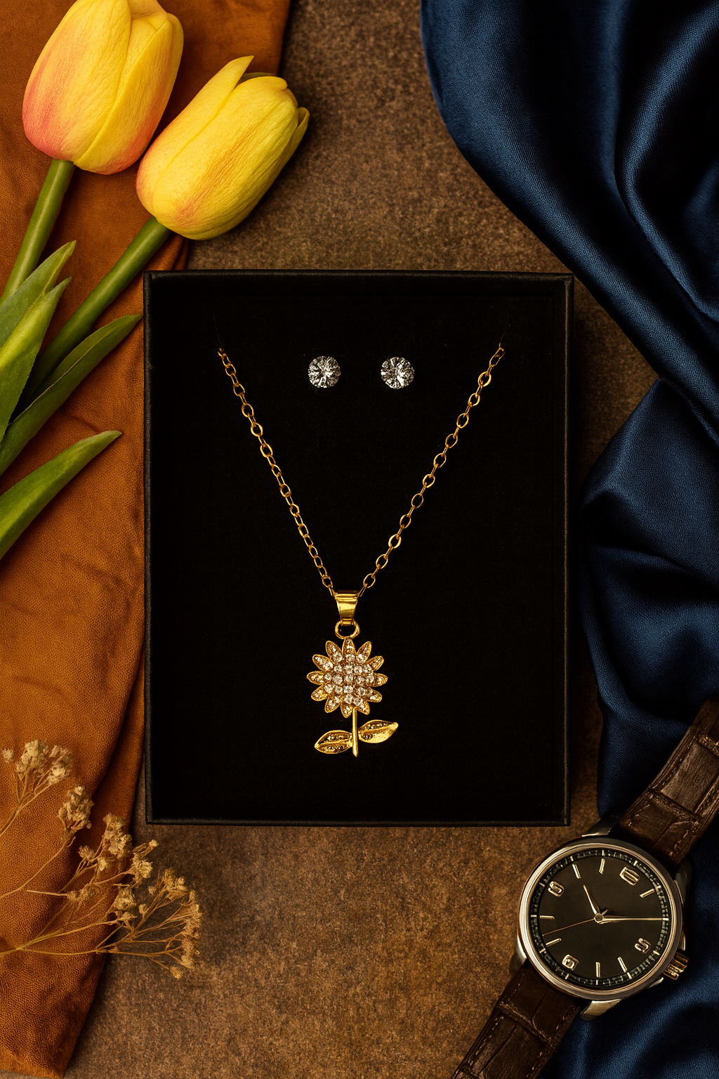Sunflower Pendant Necklace & Earrings Gift Set – Gold Plated Jewellery