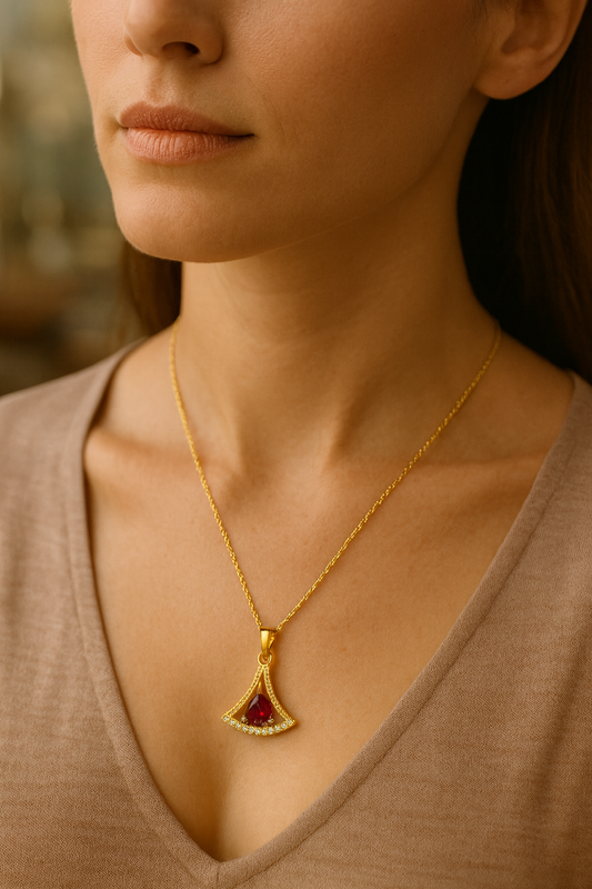 Ruby Radiance Triangle Pendant – Red Stone Artificial Jewellery