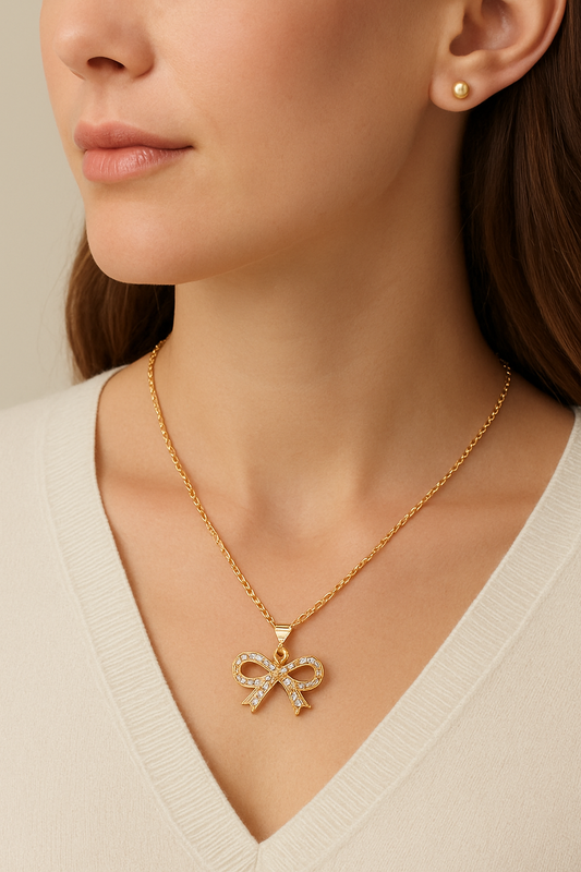 Glam Bow Pendant & Earrings Set – Cute Artificial Jewellery Design