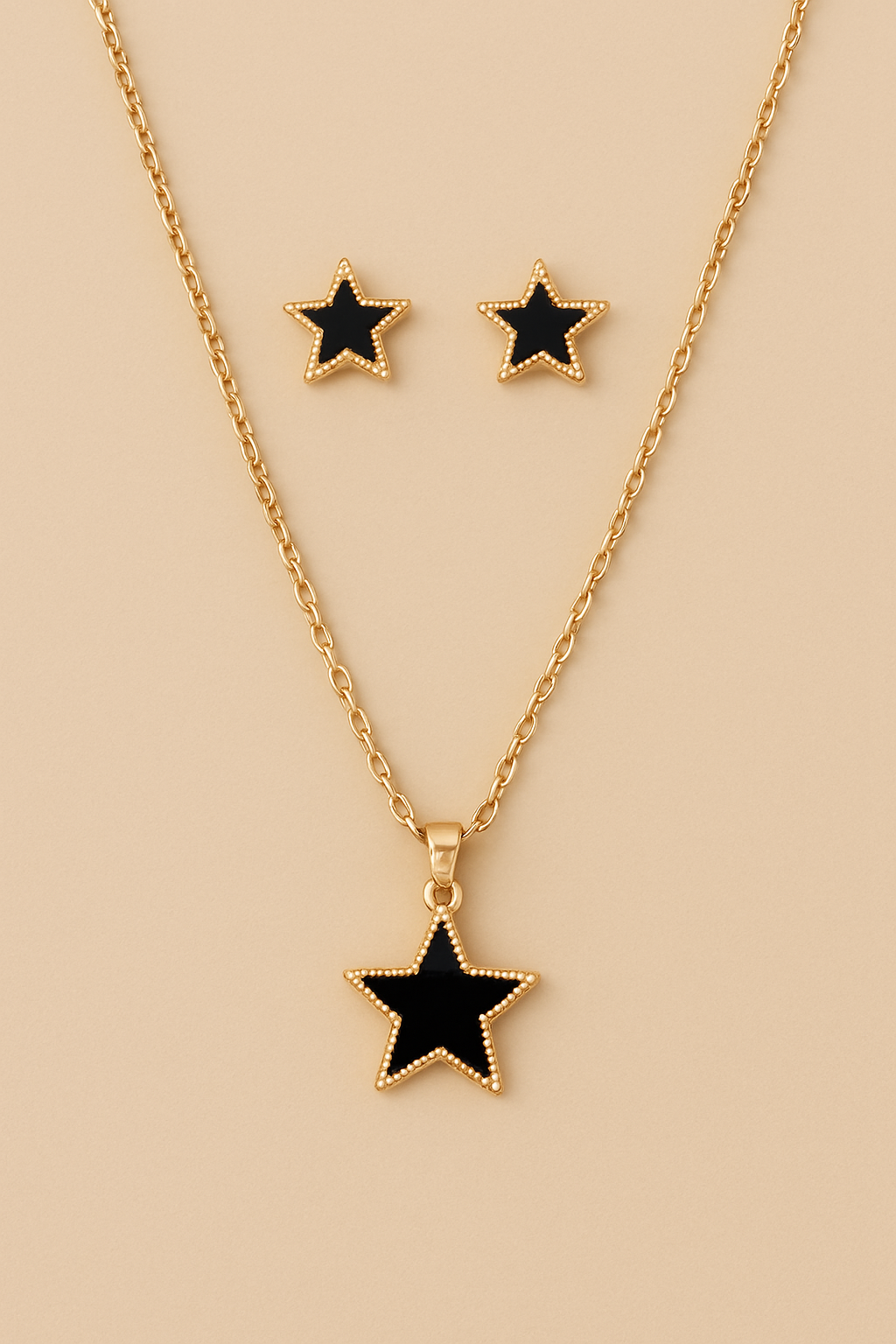 Midnight Star Pendant & Earrings Set – Black & Gold Artificial Jewellery
