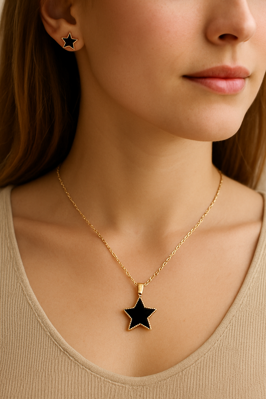 Midnight Star Pendant & Earrings Set – Black & Gold Artificial Jewellery