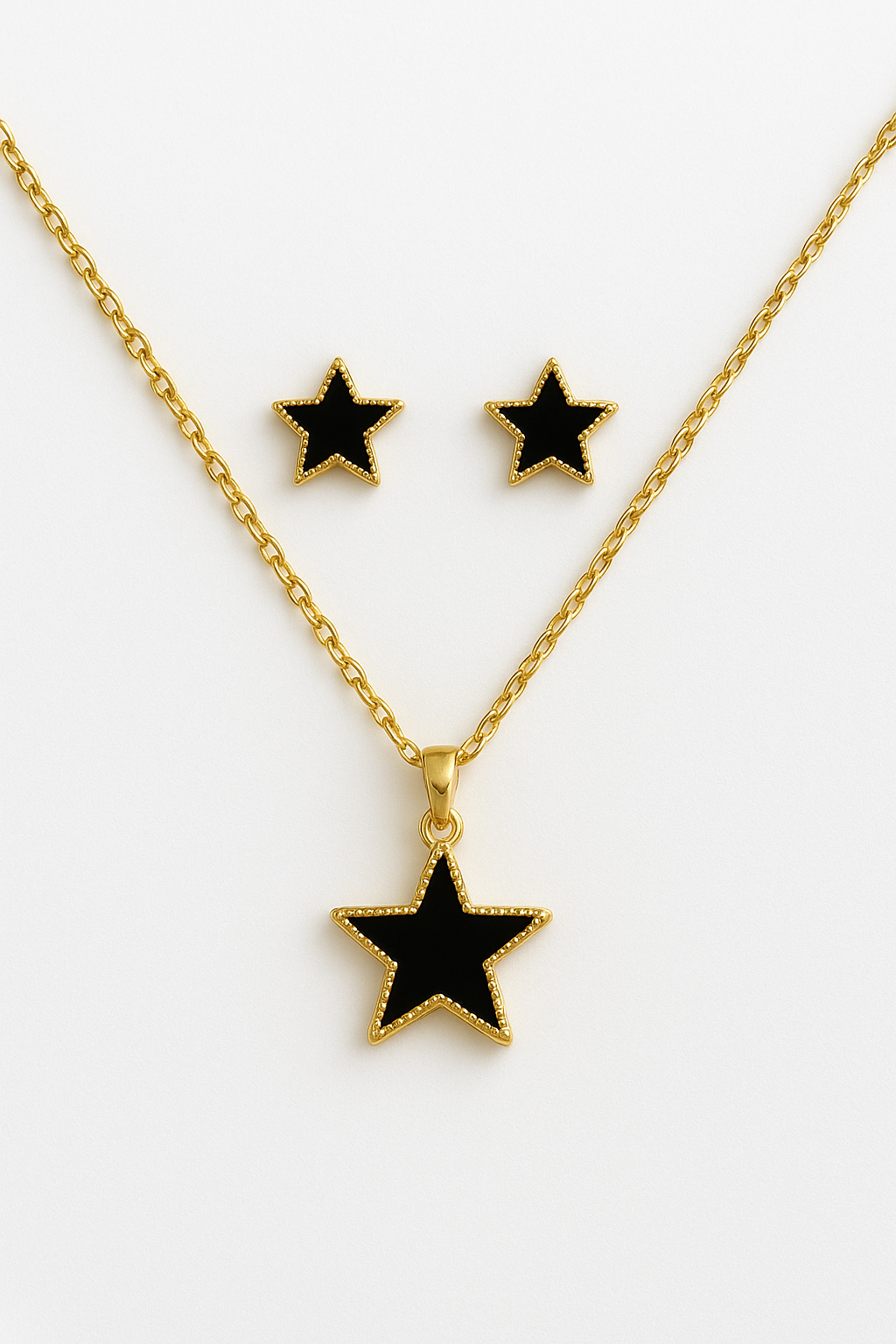 Midnight Star Pendant & Earrings Set – Black & Gold Artificial Jewellery